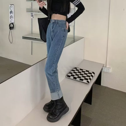 High waist curling straight jeans women's loose 2024 Summer new wide leg slimming high-looking all-match pipe pants