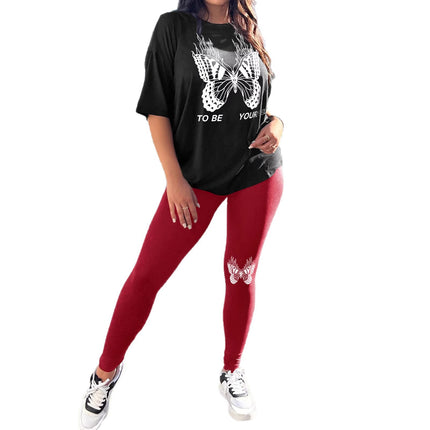 Fashion Joker Short Sleeve Leggings suit Flame Butterfly Print