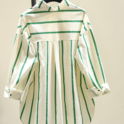 Age-reducing Green Striped Shirt Women's 2025 Spring and Summer New Korean-style Loose Casual Long-sleeved Shirt Sun Shirt Top