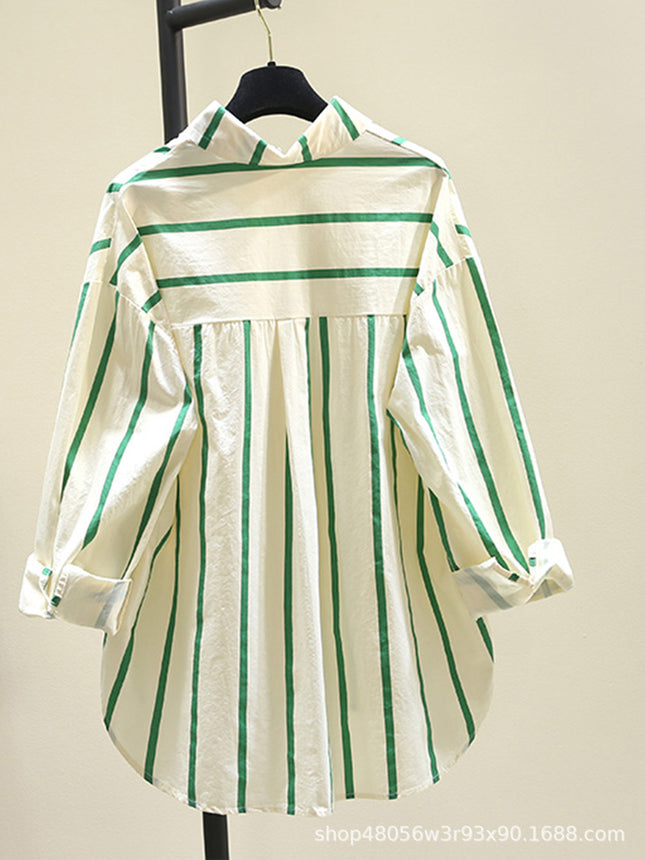 Age-reducing Green Striped Shirt Women's 2025 Spring and Summer New Korean-style Loose Casual Long-sleeved Shirt Sun Shirt Top