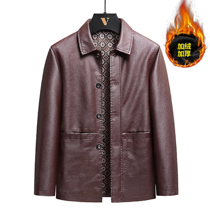 Leather coat men's autumn and winter New dad wear business casual lapel high-grade light mature style middle-aged leather suit jacket