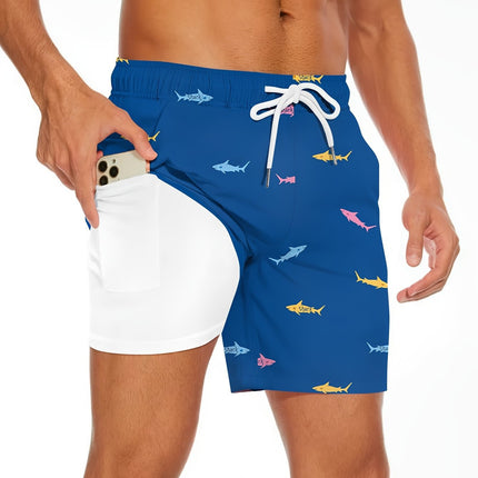 Men's Shark Pattern 2 in 1 Board Shorts with Drawstring and