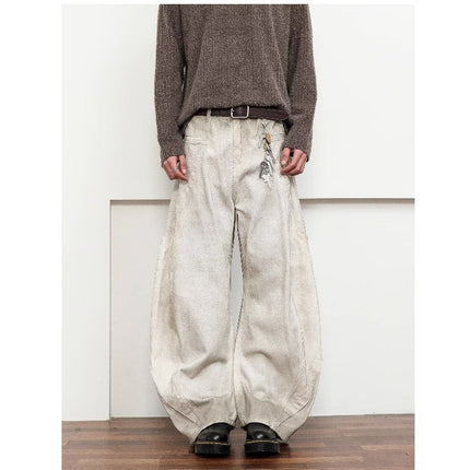 Straight-Leg Casual American Retro Dirty White Banana Knife Jeans for Men with Zipper, Spring and Autumn, Youth Trendy Regular Fit