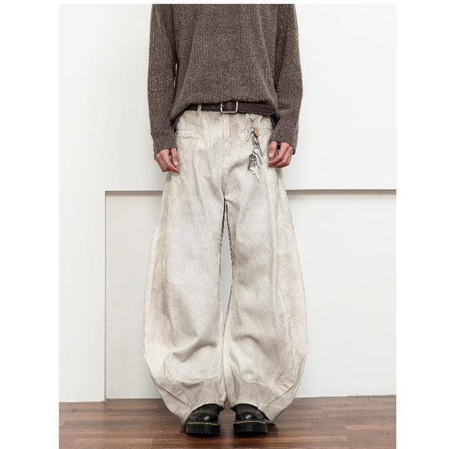 Straight-Leg Casual American Retro Dirty White Banana Knife Jeans for Men with Zipper, Spring and Autumn, Youth Trendy Regular Fit
