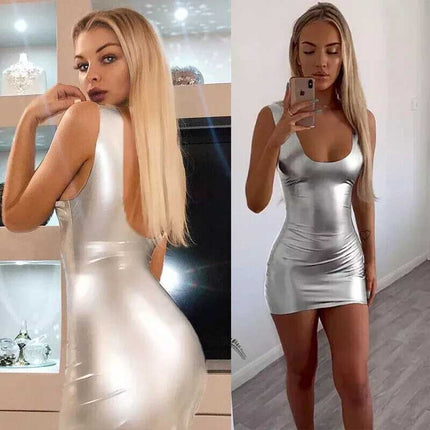 Foreign trade women's new gilded bright face dress hot girl tight hip skirt bright face gilded patent leather backless party
