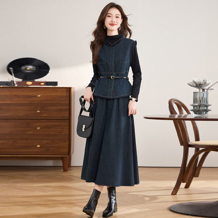 Denim suit Women 2024 Autumn New Temperament Goddess Fan Slimming French Style Chanel Style Commuter Skirt Three-Piece Set