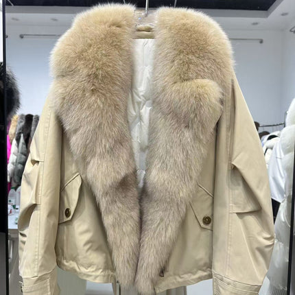 Detachable Real Fox Fur Collar Thickened down Lining Sweet Cool Parka down Jacket Women's Workwear Casual Fur Coat
