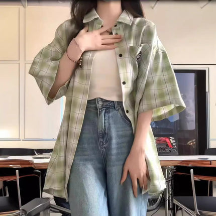 Green Plaid Short Sleeve Shirt Women's Summer New Shirt Jacket Design Sense Niche Shirt Factory Wholesale Foreign Trade
