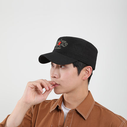 Men's Camouflage Cap with Embroidered Five-Pointed Star, Large Head Circumference, Deep Crown, Outdoor Hiking Travel Breathable Flat Cap