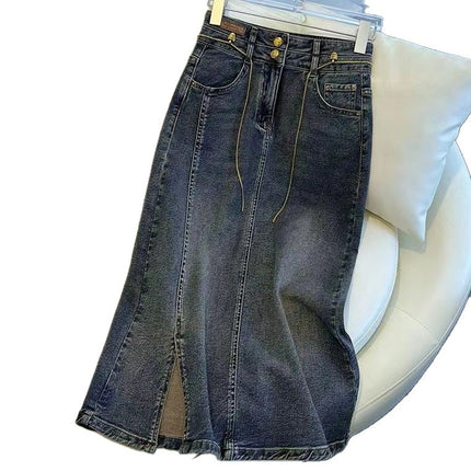 2025 Spring and Summer New Retro Slit Denim Skirt Pear-Shaped Figure High Waist Covering Flesh and Slimming Look A-Line Hip Skirt