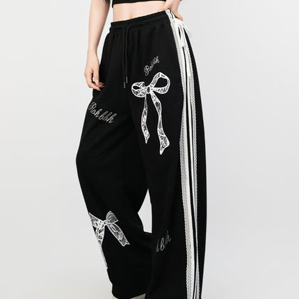 Trendy Jazz Dance Ballet Style Lace Trim Casual Pants Elastic Waist Sports Straight Slim Versatile Black Long Pants