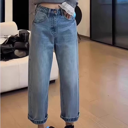 2025 Summer New American Style Blue Straight-Leg Jeans Plus-Size Women's Clothing for Curvy Petite Slimming Cigarette Pants