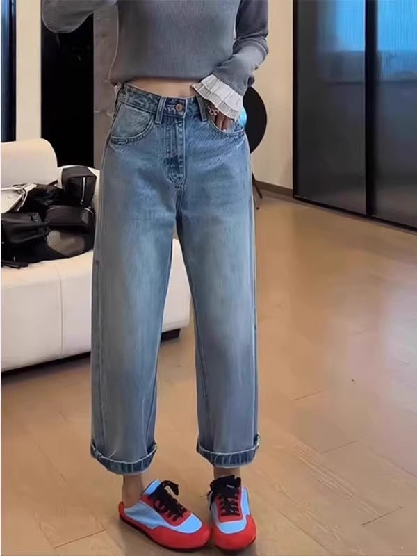 2025 Summer New American Style Blue Straight-Leg Jeans Plus-Size Women's Clothing for Curvy Petite Slimming Cigarette Pants