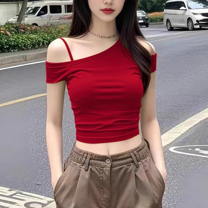 New Style Pure Desire Short Crop Top for Hot Girls, One-Shoulder Black Asymmetrical Neckline, Unique and Chic Small Top, Women's Summer Short-Sleeve T-Shirt