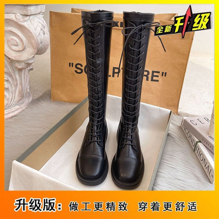 Over-The-Knee High Boots 2025 Autumn and Winter New Style Handsome Knight Boots Round Toe Lace-Up Elastic Fleece-Lined Boots Riding Boots