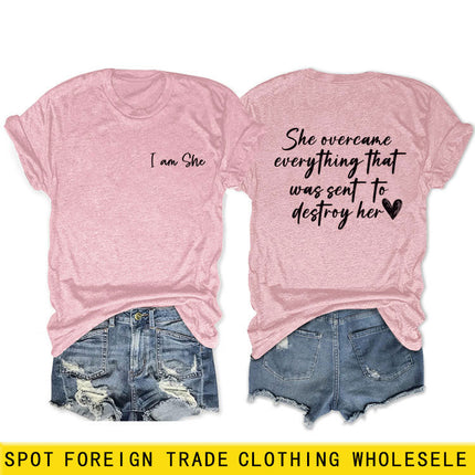 Amazon double-sided printed summer round neck short sleeve she overcame everthing loose all-match T-shirt