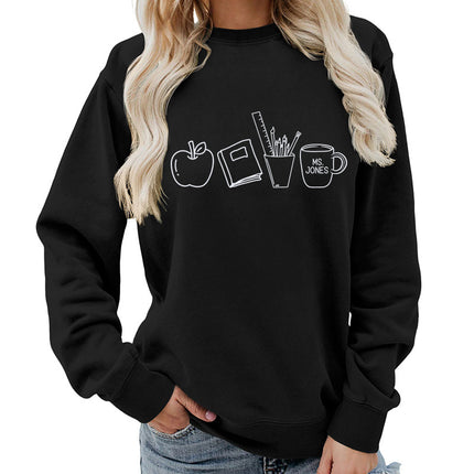 Apple Books Tea Cup Pencil Printing Crewneck Women's Top Sweatshirt Foreign Trade Supply Autumn and Winter Coat Casual Loose
