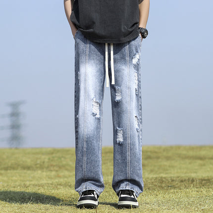 Ripped Jeans Men's Summer Thin Trendy Brand Loose Straight Pants American High Street Yellow Mud Washed Wide Leg Pants for Men