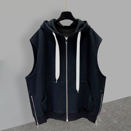 Hong Kong-style hooded vest men's outerwear handsome trend handsome zipper slit design sense sleeveless vest loose all-match