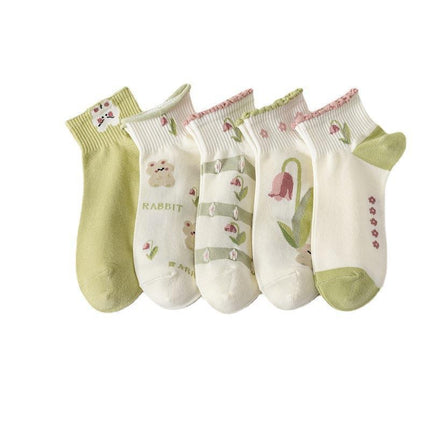 Women's Green Short Socks, Boat Socks, Short Socks, College Style, Casual Versatile Summer Thin Socks