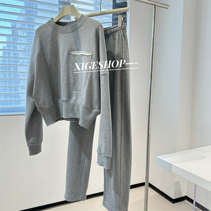 Gray ripped zipper pocket round neck sweater loose curved knife wide leg sports pants trousers casual fashion suit spring