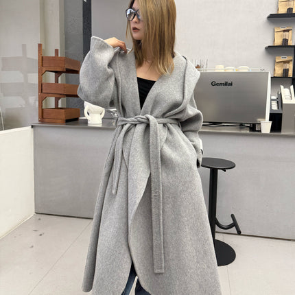New Women's Autumn and Winter Extended Loose Korean Woolen Outwear Hooded Double-Sided Cashmere Outwear Women's Bathrobe Style