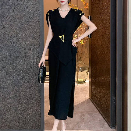 2024 cross-border black V-neck shows temperament irregular dress aura full-open light mature wind royal sister fan small black skirt