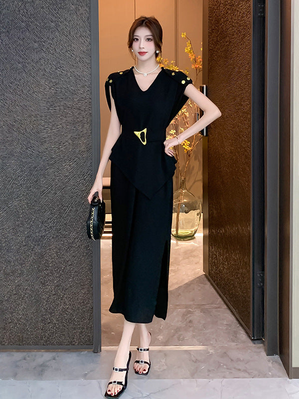 2024 cross-border black V-neck shows temperament irregular dress aura full-open light mature wind royal sister fan small black skirt