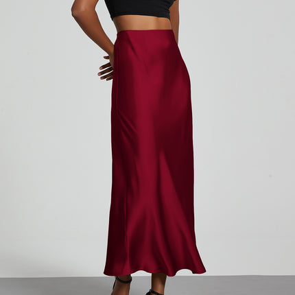 Cross-border women's clothing wholesale European and American style fashion temperament satin texture skirt solid color glossy wine red medium skirt