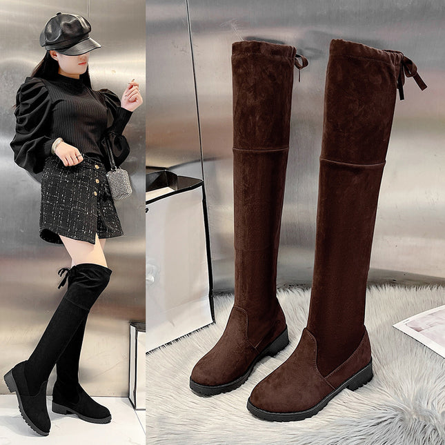 Over-the-knee boots women's plus size stitching high boots 2024 autumn and winter black suede elastic boots suede thick heel thin boots
