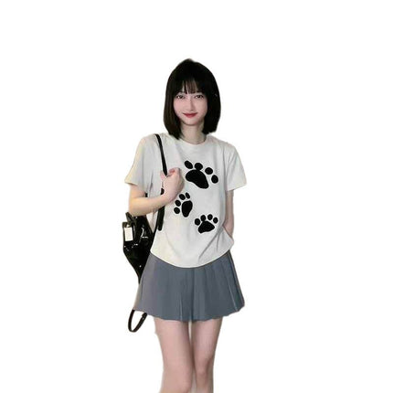 Flocked Cartoon Cat Paw Short-Sleeve T-Shirt for Petite Women, Sweet Girl Style, Height-Enhancing, Slim-Fit, Regular Shoulder, 2026 Summer New Model