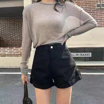 Personalized Versatile Curled Denim Shorts for Women Summer 2025 Pear-Shaped Figure High-Waisted Loose Slimming Thin Wide-Leg Shorts