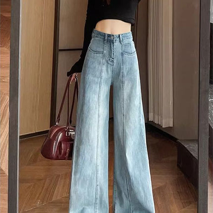 light blue Wide Leg Jeans Women's Spring 2025 New High Waist Flesh Covering Stretch Design Sense Mop Pants