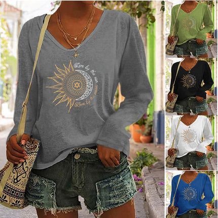 2023 European and American Amazon independent station wish autumn and winter new hot selling women's printed V-neck long sleeve loose T-shirt for women