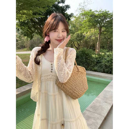 Plus Size French Gentle Style Off-White Suspender Skirt Feminine Goddess Style High Waist Lace Cardigan Suit Long Skirt
