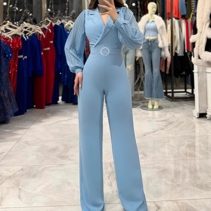 Cross-border 2025 Europe and the United States autumn and winter new chiffon stitching long sleeve women's jumpsuit INS office commuter jumpsuit