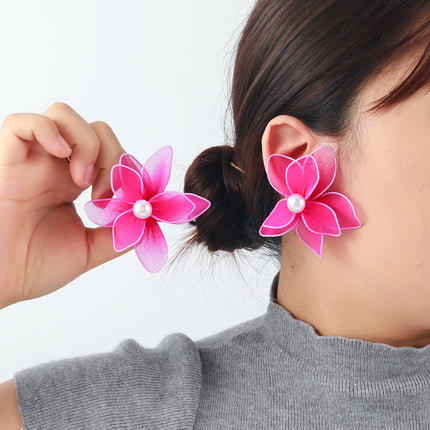 European and American Exaggerated Fabric Pearl Flower Atmospheric Earrings for Women, Light Luxury, High-End, Temperament, Fashion, European and American Cross-Border Supply