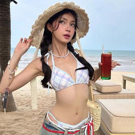 Swimsuit Feminine Plaid Bikini Split Triangle Pure Lust Style Sweet and Cute Strap Resort Hot Spring Swimsuit for Women