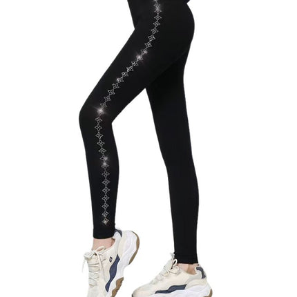 Side Diamond-Embellished Seamless Fleece-Lined Leggings for Women, Warm and Plush, Plus-Size Cropped Pants