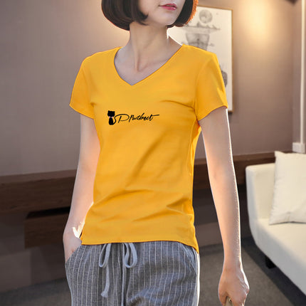 2025 New Summer White Short-Sleeved T-Shirt Women's V Neck Printed Korean Style Foreign Style Slim Shirt Simple Half-Sleeved