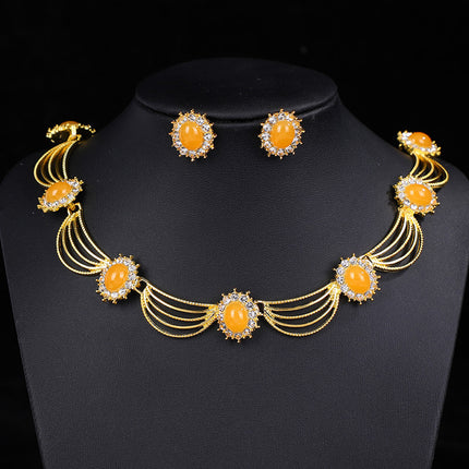 Cross-Border Gemstone Necklace, Artistic Retro Medieval Court Jewelry, Fan-Shaped Aesthetic Internet Celebrity Style Necklace and Earrings Set