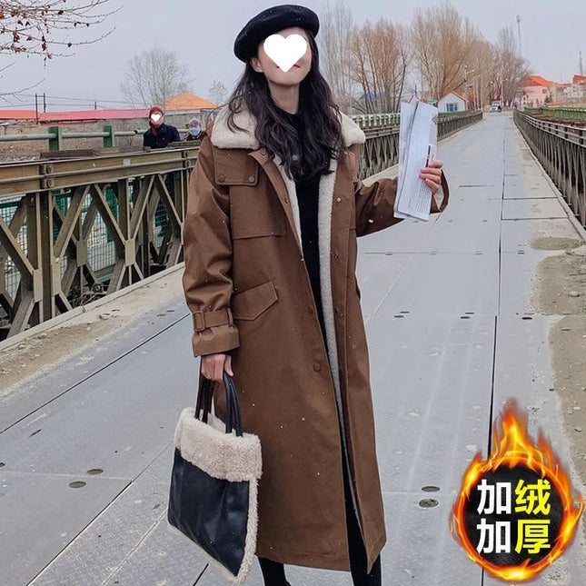 fleece-lined Thickened Coat Women's Mid-length Coat Style Pike Dress 2024 Winter New Loose Over-the-knee Cotton-padded Coat