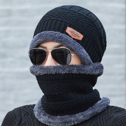 Winter Hat Two-Piece Set for Men and Women, Warm Knitted Woolen Hat with Fleece Lining, Cycling Cold-Proof Neck Warmer, Men's Cotton Hat Set