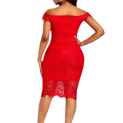 Factory Ready-Made Cross-Border European and American Evening Dress Short-Sleeved V Neck Off-Shoulder Sexy Mid-Length Hip-Hugging Lace Dress Wholesale