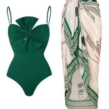 Bikini One-Piece Bow Pure Color Backless Swimsuit Amazon Bikini Aliexpress Multi-Color European and American Swimsuit for Women