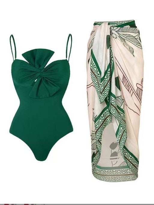 Bikini One-Piece Bow Pure Color Backless Swimsuit Amazon Bikini Aliexpress Multi-Color European and American Swimsuit for Women