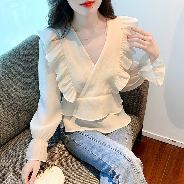 2025 Early Spring Super Fairy Ruffled Chiffon Shirt Foreign Style Age-reducing Light Mature Goddess Fan Long Sleeve V-neck Shirt for Women