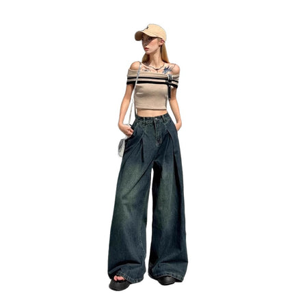 Vintage Niche Loose Drape Wide-Leg Jeans for Women Spring New Design Distressed Versatile Floor-Length Pants