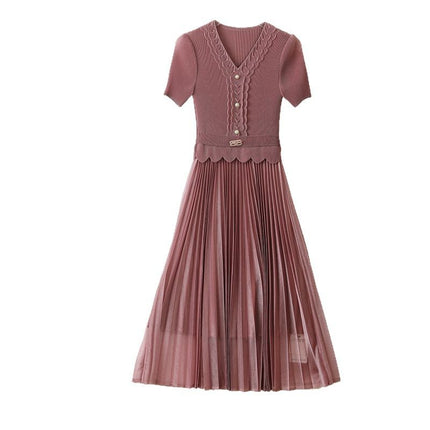 Miyake Pleated Magic Fashion dress 2025 Summer New V-Neck Short-Sleeved Stitching Slimming Pleated Skirt