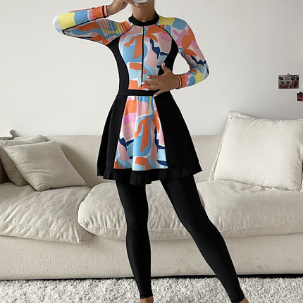 New Style Printed Long-Sleeved Conservative Full-Coverage Swimsuit Three-Piece Set Tight-Fitting Sun-Protective Hot Spring Swimwear